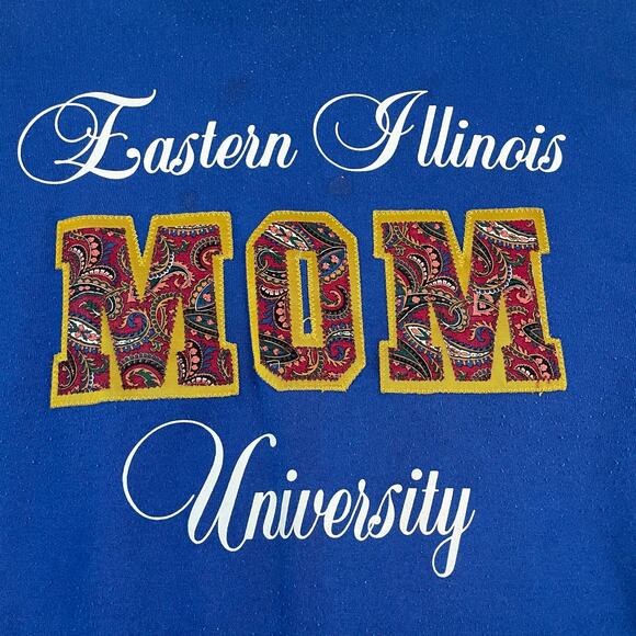 VTG 90s Eastern Illinois University MOM Sweatshirt size L Blue Pullover - Picture 2 of 9